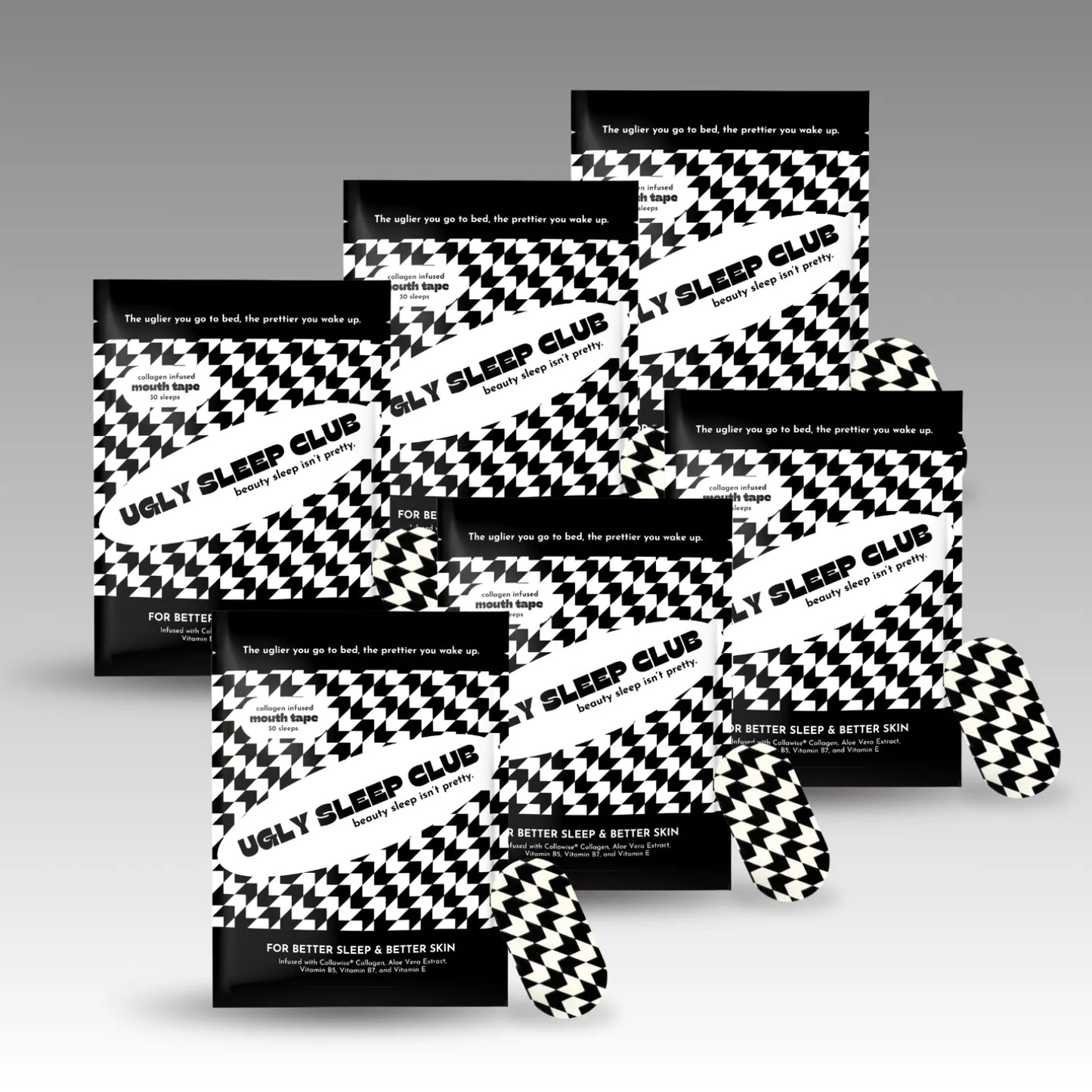 Six packages of black and white Ugly Sleep Club mouth tape on a gray background