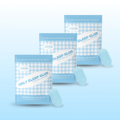 Three packages of blue and white checkered mouth tape on a blue background