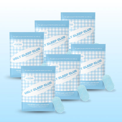 Six packages of blue and white Ugly Sleep Club mouth tape on a blue background