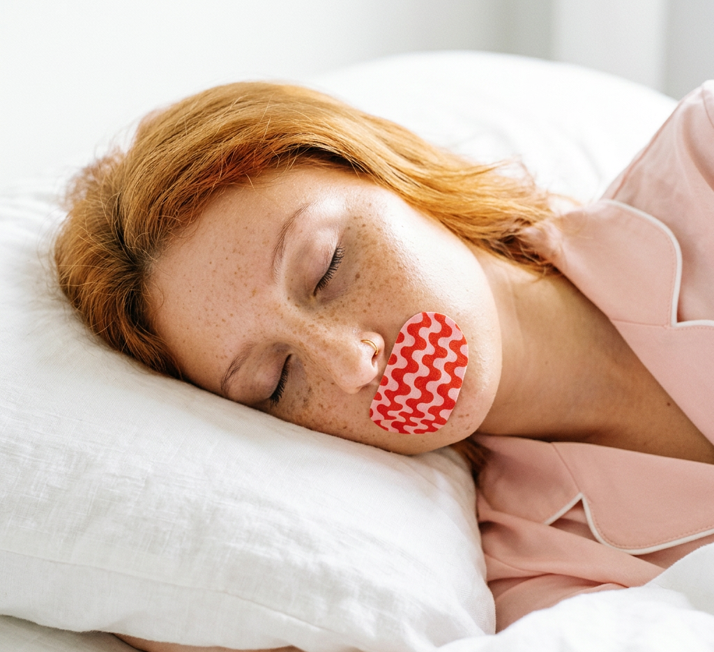 Woman sleeping with red and pink mouth tape